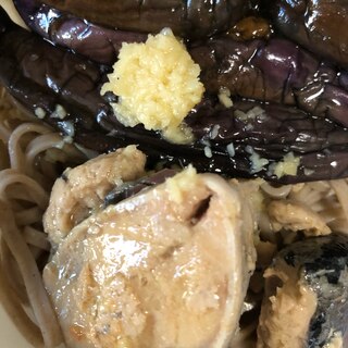 なす焼きとサバ缶の蕎麦